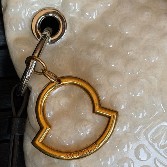 MONCLER Goose Down Padded Vanille Clutch Bag Chunky Logo Key Chain White NWOT - Picture 4 of 12
